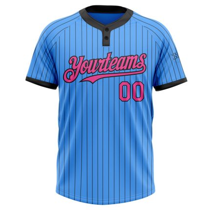 Personalized Electric Blue Black Pinstripe Two-Button Unisex Softball Jersey Personalized Electric Blue Black Pinstripe Pink