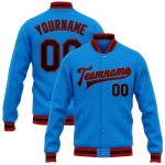 Electric Blue Black-Red Personalized Varsity Letterman Jacket Full-Snap Bomber Personalized Electric Blue Black-Red Bomber