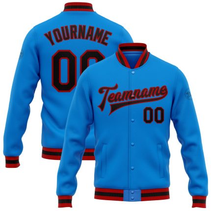 Electric Blue Black-Red Personalized Varsity Letterman Jacket Full-Snap Bomber Personalized Electric Blue Black-Red Bomber