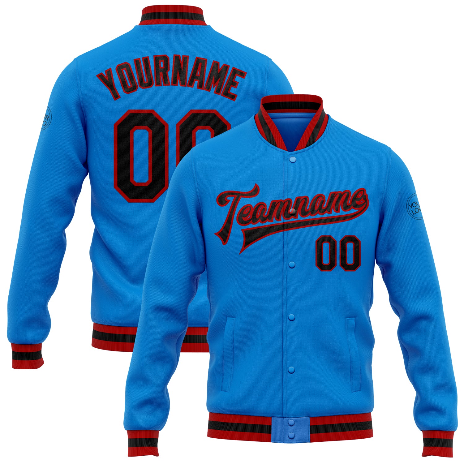 Custom Team Name and Number Bomber Jacket | Electric Blue Black-Red Full-Snap Varsity Letterman Personalized Electric Blue