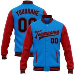 Electric Blue Black-Red Two Tone Varsity Bomber Jacket Full-Snap Personalized Letterman Coat Personalized Electric Blue Black-Red