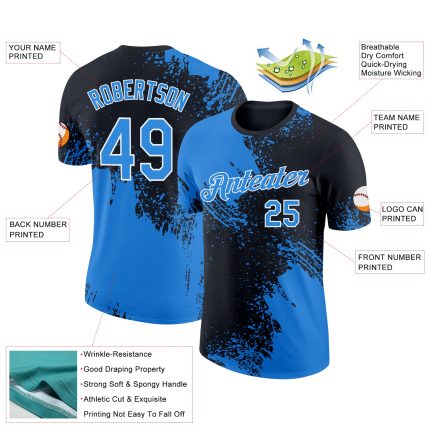Electric Blue Black-White 3D Abstract Performance T-Shirt - Personalized Brush Stroke Design Personalized Electric Blue Black-White