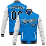 Personalized Electric Blue Varsity Letterman Bomber Jacket - Full-Snap Two Tone Black-White Design Personalized Electric