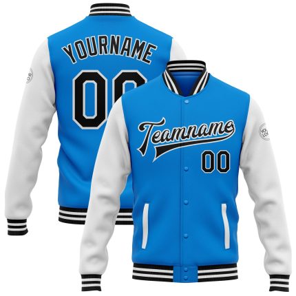 Personalized Electric Blue Varsity Letterman Bomber Jacket - Full-Snap Two Tone Black-White Design Personalized Electric