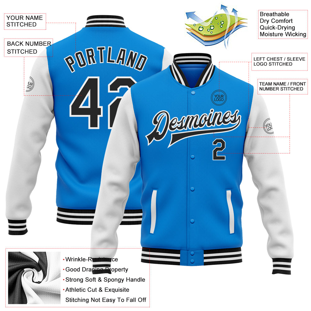 Personalized Electric Blue Black-White Bomber Full-Snap Varsity Letterman Two Tone Jacket Team Custom Name and Number Custom Team Name Number Bomber Jacket Electric Blue Black White Varsity Letterman Full-Snap Two Tone Design Personalized - Image 3