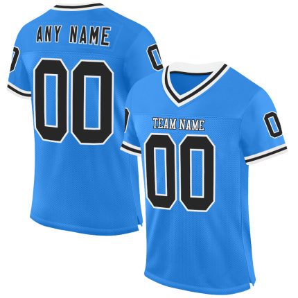 Custom electric blue, black and white mesh throwback football jersey