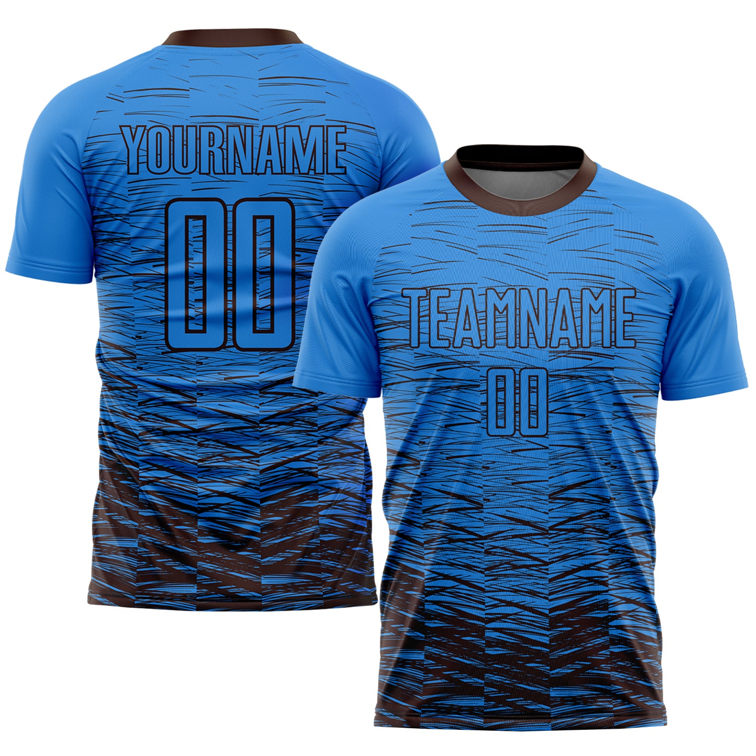 Custom Name and Number Soccer Uniform Jersey - Electric Blue and Brown Sublimation Design Personalized Electric Blue Brown