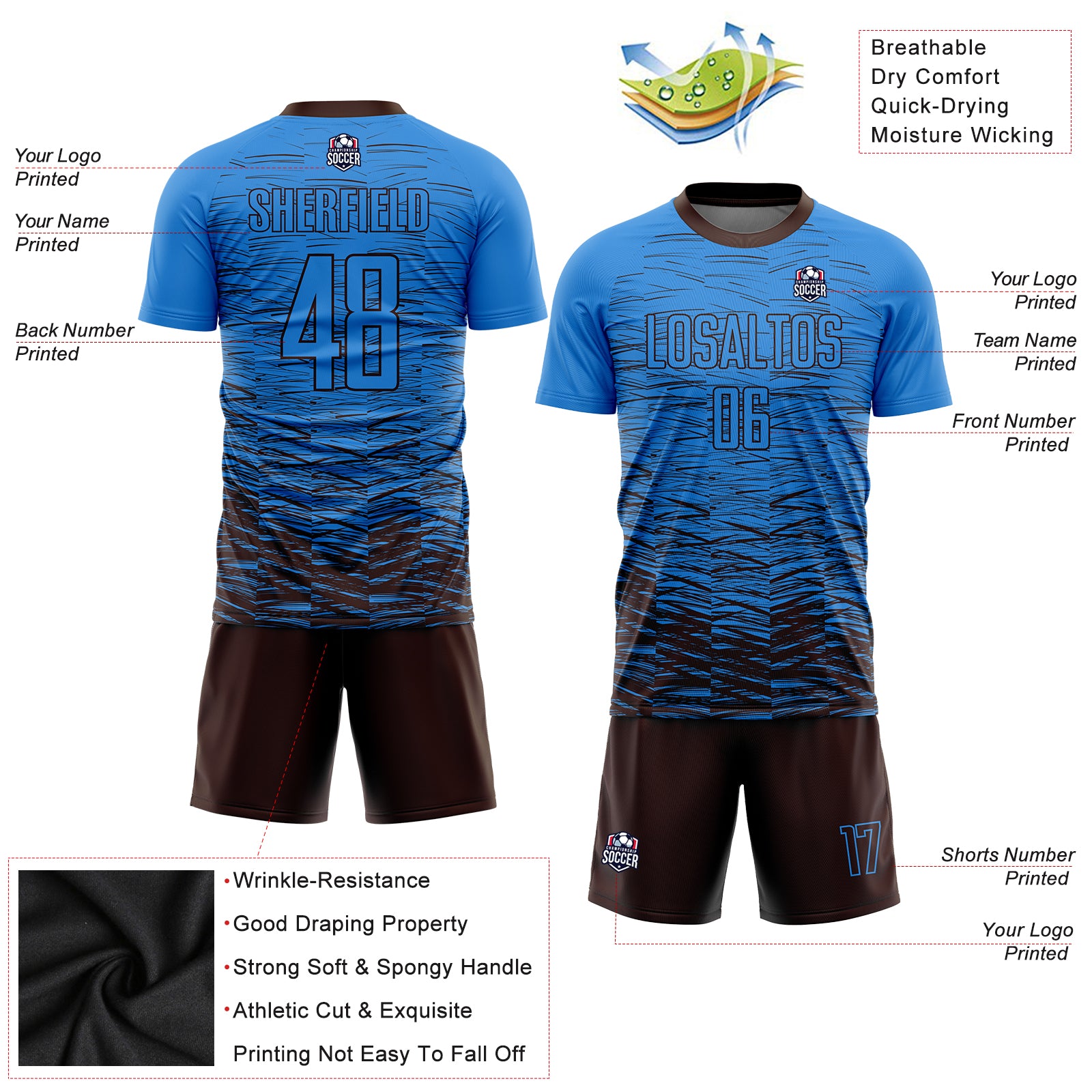Personalized Electric Blue Brown Sublimation Soccer Uniform Jersey Team Custom Name and Number Custom Name and Number Soccer Uniform Jersey - Electric Blue and Brown Sublimation Design Personalized Electric Blue Brown - Image 3