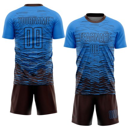 Custom Name and Number Soccer Uniform Jersey - Electric Blue and Brown Sublimation Design Personalized Electric Blue Brown