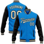 Electric Blue Cream-Black Varsity Bomber Jacket Personalized Full-Snap Two Tone Letterman Personalized Electric Blue Cream-Black