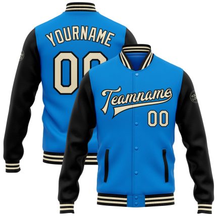 Electric Blue Cream-Black Varsity Bomber Jacket Personalized Full-Snap Two Tone Letterman Personalized Electric Blue Cream-Black