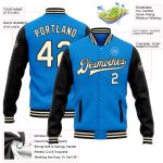 Custom Electric Blue Cream Black Two Tone Bomber Varsity Letterman Jacket with Name and Number Personalized Electric Blue