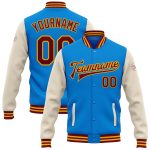 Personalized Two Tone Bomber Jacket Electric Blue Crimson Cream-Gold Full-Snap Varsity Letterman Personalized Electric Blue