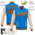 Personalized Two Tone Bomber Jacket Electric Blue Crimson Cream-Gold Full-Snap Varsity Letterman Personalized Electric Blue
