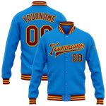 Personalized Electric Blue Crimson Gold Varsity Bomber Jacket Full-Snap Letterman Personalized Electric Blue Crimson-Gold
