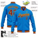 Custom Team Name Number Electric Blue Crimson Gold Bomber Varsity Jacket Full-Snap Personalized Letterman Personalized Electric