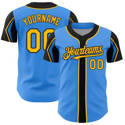 Custom Name and Number Baseball Jersey - Personalized Electric Blue Gold-Black Arm Shapes - Authentic Team Apparel Personalized