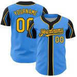 Electric Blue Personalized Baseball Jersey in Gold-Black Arm Shapes - 3 Colors Available Personalized Electric Blue Gold-Black