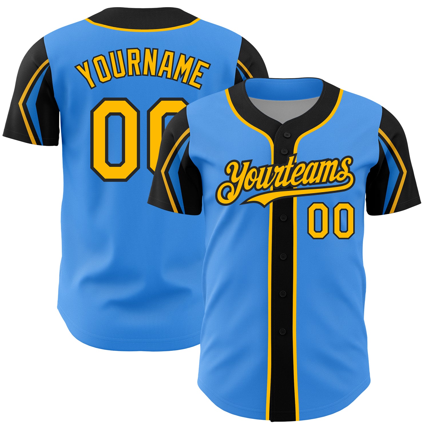 Electric Blue Personalized Baseball Jersey in Gold-Black Arm Shapes - 3 Colors Available Personalized Electric Blue Gold-Black