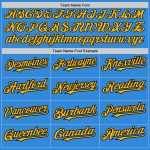 Electric Blue Personalized Baseball Jersey in Gold-Black Arm Shapes - 3 Colors Available Personalized Electric Blue Gold-Black