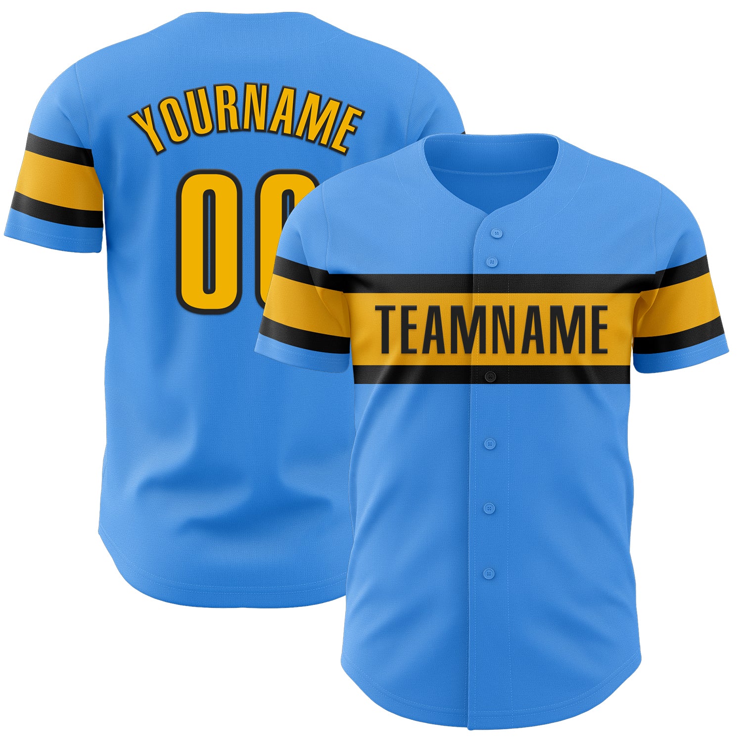 Electric Blue Personalized Authentic Baseball Jersey in Gold and Black Personalized Electric Blue Gold-Black Authentic Baseball