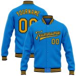 Personalized Varsity Letterman Jacket Electric Blue Gold-Black Full-Snap Bomber Personalized Electric Blue Gold-Black Bomber