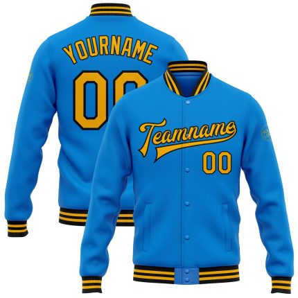 Personalized Varsity Letterman Jacket Electric Blue Gold-Black Full-Snap Bomber Personalized Electric Blue Gold-Black Bomber