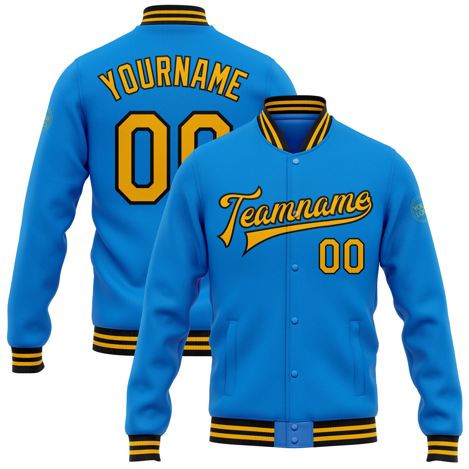 Custom Name Number Varsity Letterman Jacket Electric Blue Gold-Black Bomber Full-Snap Personalized Electric Blue Gold-Black