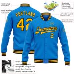 Personalized Varsity Letterman Jacket Electric Blue Gold-Black Full-Snap Bomber Personalized Electric Blue Gold-Black Bomber
