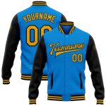 Personalized Electric Blue and Black Varsity Letterman Bomber Jacket Personalized Electric Blue Gold-Black Bomber Full-Snap