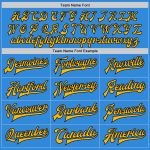 Personalized Electric Blue and Black Varsity Letterman Bomber Jacket Personalized Electric Blue Gold-Black Bomber Full-Snap