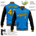 Personalized Electric Blue and Black Varsity Letterman Bomber Jacket Personalized Electric Blue Gold-Black Bomber Full-Snap