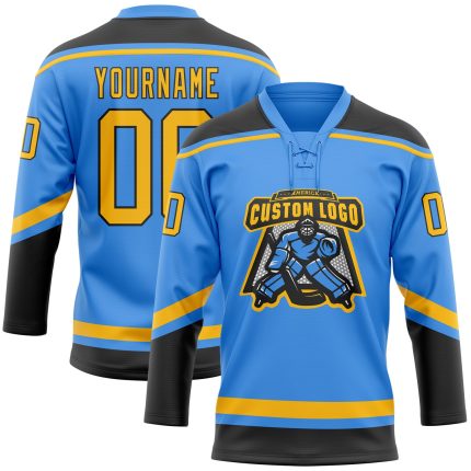 Custom Name Number Electric Blue Gold-Black Hockey Jersey Personalized Lace Neck Team Personalized Electric Blue Gold-Black