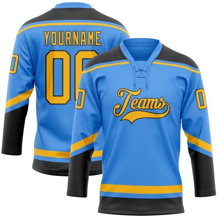 Personalized Electric Blue Gold Black Hockey Jersey Lace Neck Design Personalized Electric Blue Gold-Black Hockey Lace Neck