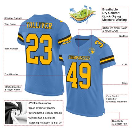 Personalized Electric Blue Gold Black Mesh Football Jersey - Authentic Custom Jersey Personalized Electric Blue Gold-Black