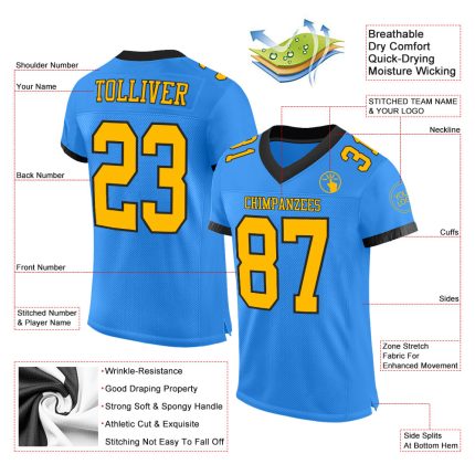 Custom Electric Blue Gold-Black Mesh Football Jersey with Personalized Name and Number - Authentic Team Gear Personalized