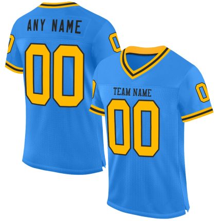 Custom Electric Blue Gold-Black Mesh Football Jersey with Personalized Name and Number - Authentic Throwback Style Personalized