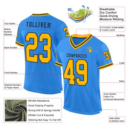 Custom Electric Blue Gold-Black Mesh Football Jersey with Personalized Name and Number - Authentic Throwback Style Personalized