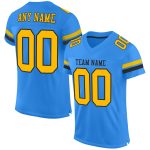 Personalized Electric Blue Football Jersey with Gold-Black Mesh Design, Size 3 Personalized Electric Blue Gold-Black Mesh