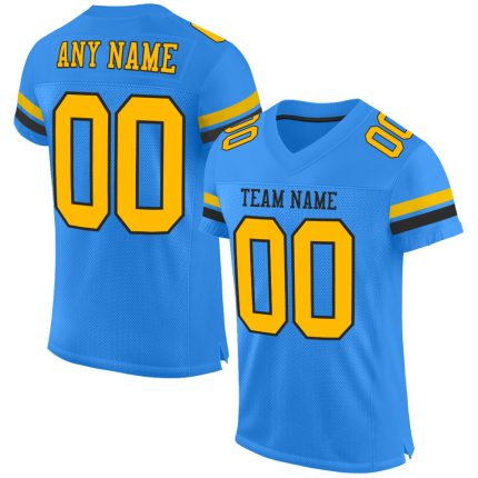 Personalized Electric Blue Football Jersey with Gold-Black Mesh Design, Size 3 Personalized Electric Blue Gold-Black Mesh