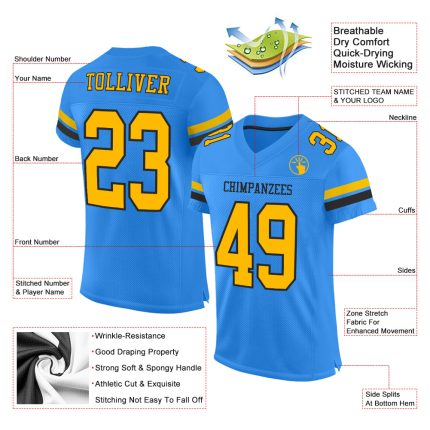 Personalized Electric Blue Football Jersey with Gold-Black Mesh Design, Size 3 Personalized Electric Blue Gold-Black Mesh