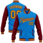 Custom Electric Blue Gold-Crimson Two Tone Varsity Jacket Full-Snap Bomber Letterman Personalized Electric Blue Gold-Crimson