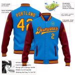 Custom Electric Blue Gold-Crimson Two Tone Varsity Jacket Full-Snap Bomber Letterman Personalized Electric Blue Gold-Crimson