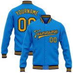 Electric Blue Gold Navy Personalized Full-Snap Varsity Bomber Jacket Personalized Electric Blue Gold-Navy Bomber Full-Snap