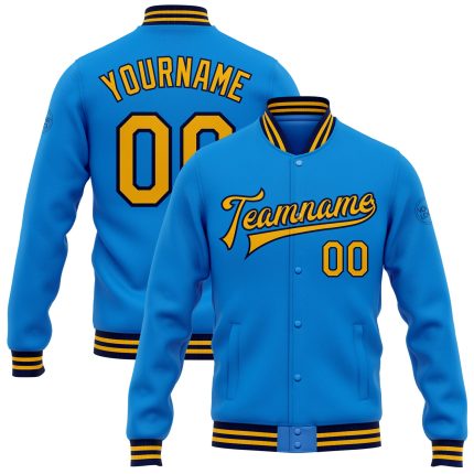 Electric Blue Gold Navy Personalized Full-Snap Varsity Bomber Jacket Personalized Electric Blue Gold-Navy Bomber Full-Snap