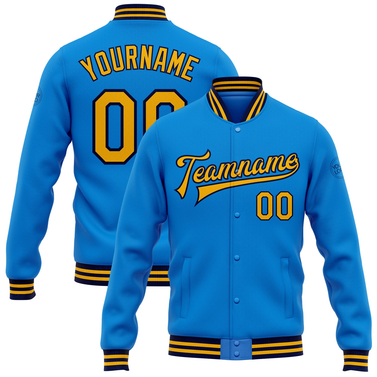 Custom Personalized Electric Blue Bomber Varsity Letterman Jacket with Gold and Navy Details - Team Name & Number Personalized