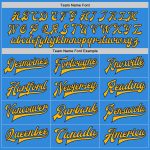Personalized Electric Blue Gold Navy Two Tone Varsity Letterman Full-Snap Bomber Jacket Personalized Electric Blue Gold-Navy