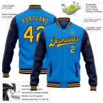 Personalized Electric Blue Gold Navy Two Tone Varsity Letterman Full-Snap Bomber Jacket Personalized Electric Blue Gold-Navy