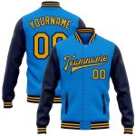 Personalized Electric Blue Gold Navy Two Tone Varsity Letterman Full-Snap Bomber Jacket Personalized Electric Blue Gold-Navy