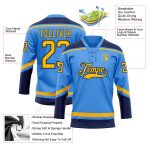Personalized Electric Blue Gold Navy Hockey Jersey with Lace Neck Design Personalized Electric Blue Gold-Navy Hockey Lace
